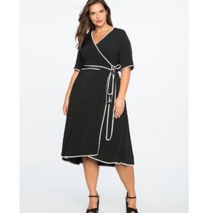 Eloquii Black Midi Wrap Dress with White Piping